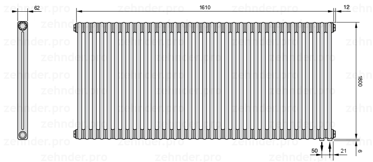 Схема (чертеж) Радиатор Zehnder Charleston 2180/35 №5510 Белый глянцевый RAL 9016